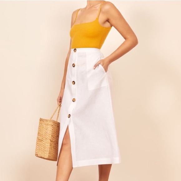 REFORMATION Highland Button Front Midi Linen Skirt In White Size 4 - Picture 9 of 13